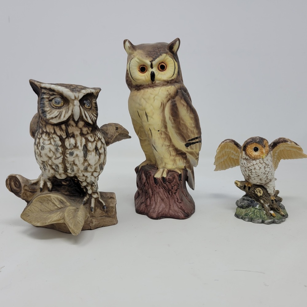 Vintage Owl Figurine Lot of 3 Homco Artmark Porcelain Ceramic Bird‎ Decor Brown